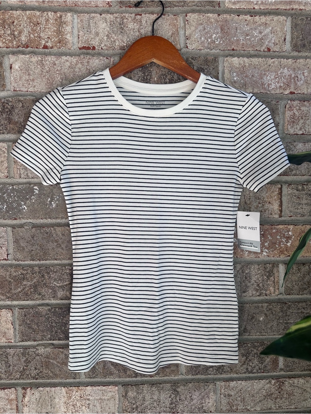 Nine West White & Black Stripe Short Sleeve Rib Knit Tee XS